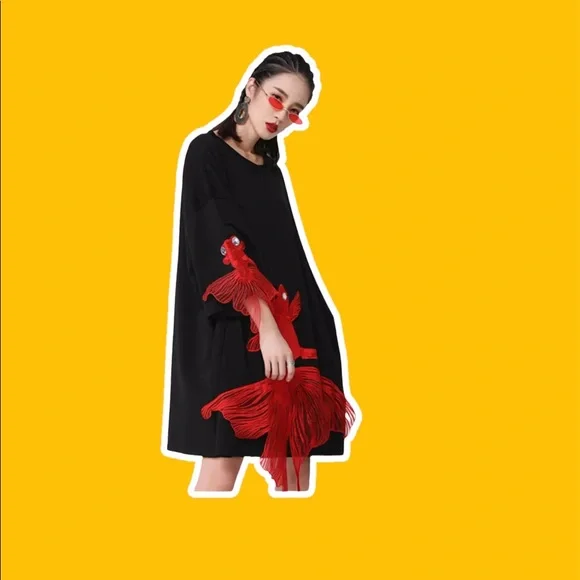 Black Fish Embroidered Pullover Loose Fit Knee Length Spring /Summer Shirt Dress - Picture 2 of 4